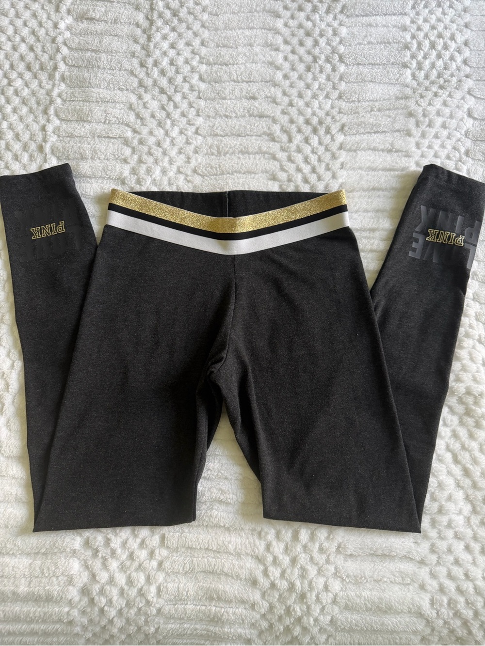 PINK VS Victoria's Secret Yoga Leggings Gray Gold Shimmer Waist Size Small